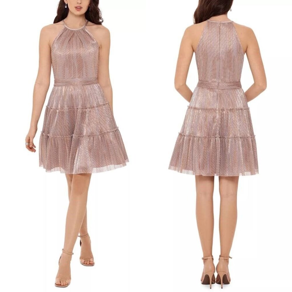 New XSCAPE‎ Metallic Tiered-Skirt Dress in Mauve Size 8
